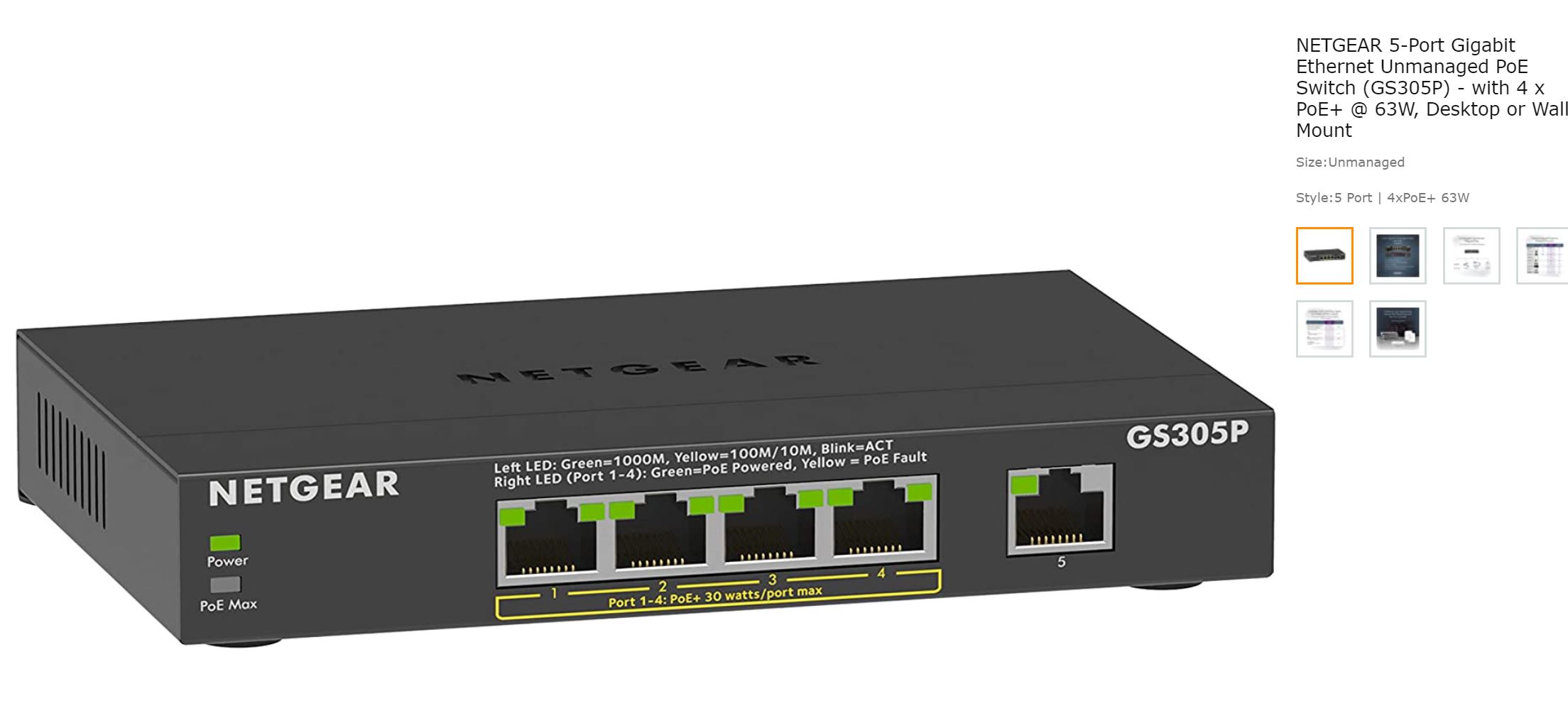 Netgear GS305P PoE 30W Per Port MAX 63W