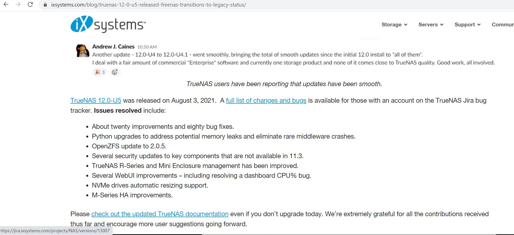 TrueNAS 12.0 U5 Jira For Bug Fixes Not Open