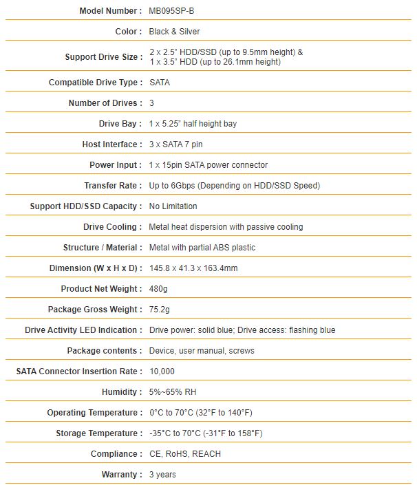 Icy Dock FlexiDOCK MB095SP B Key Specs