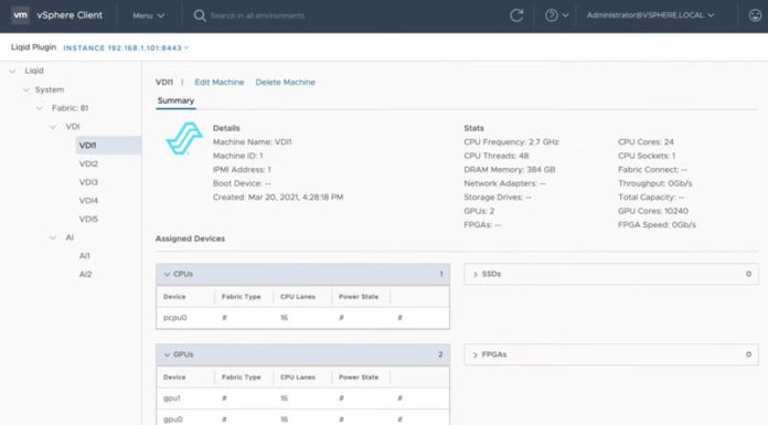 Liqid Matrix vCenter Plugin Launched Liqid Matrix VCenter Plugin Showing GPU Attached To System