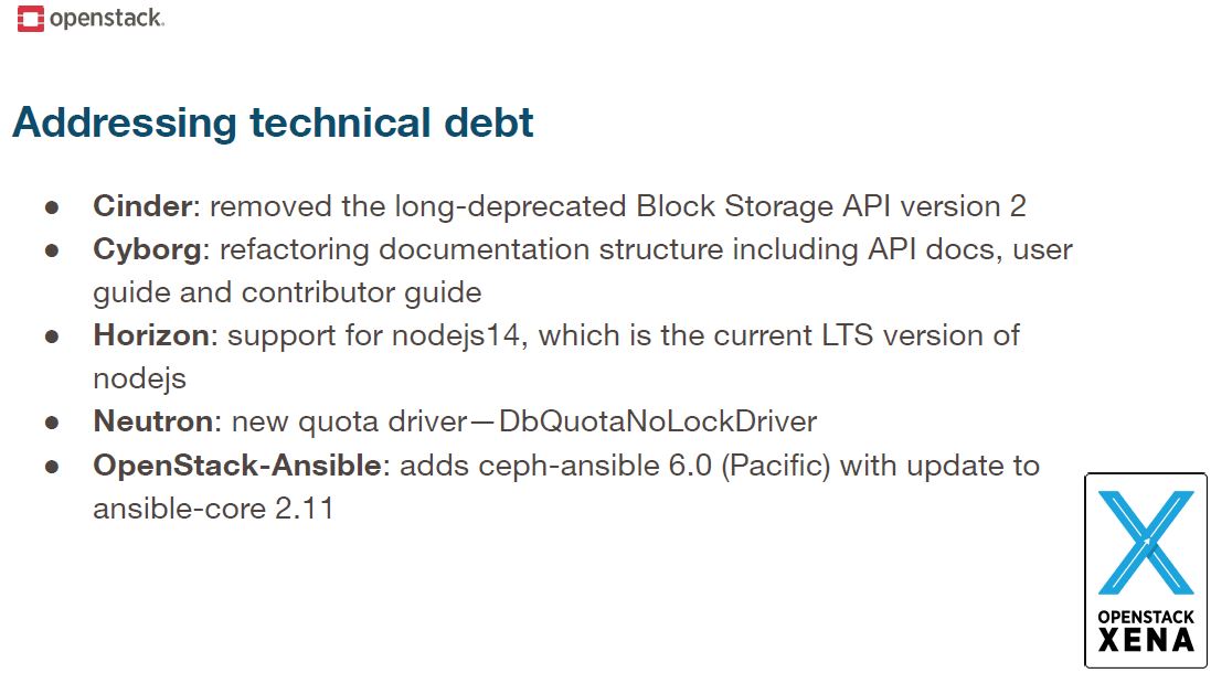 OpenStack Xena Changes Technical Debt