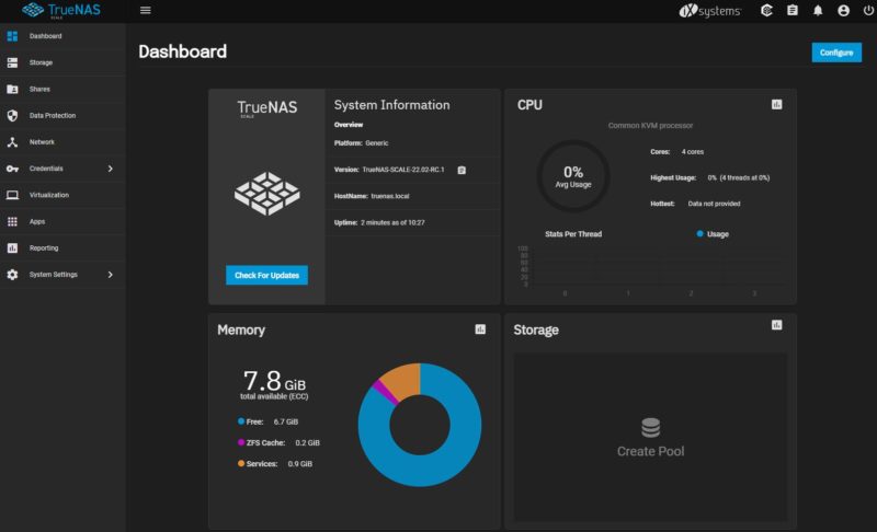 TrueNAS Scale RC1 Dashboard