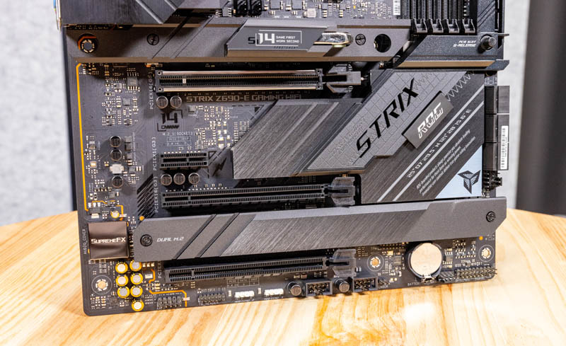 ASUS STRIX Z690 E Gaming WiFi PCIe Slots And Bottom M.2 Covers On