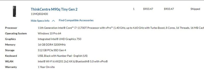 Lenovo ThinkCentre M90q Tiny Gen 2 Order Price