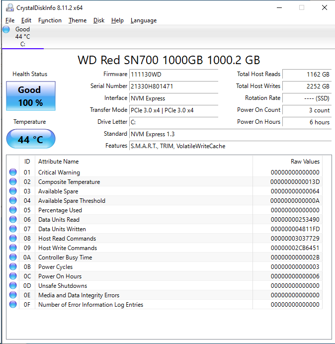 WD Red SN700 1TB CrystalDiskInfo