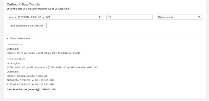 15TB AWS Data Transfer Cost To Internet Excluding 100GB Dec 2021 Allowance