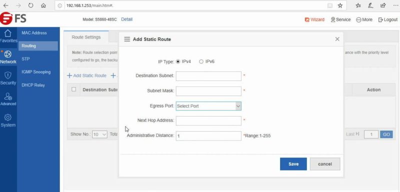 FS Management Web Add Static Route