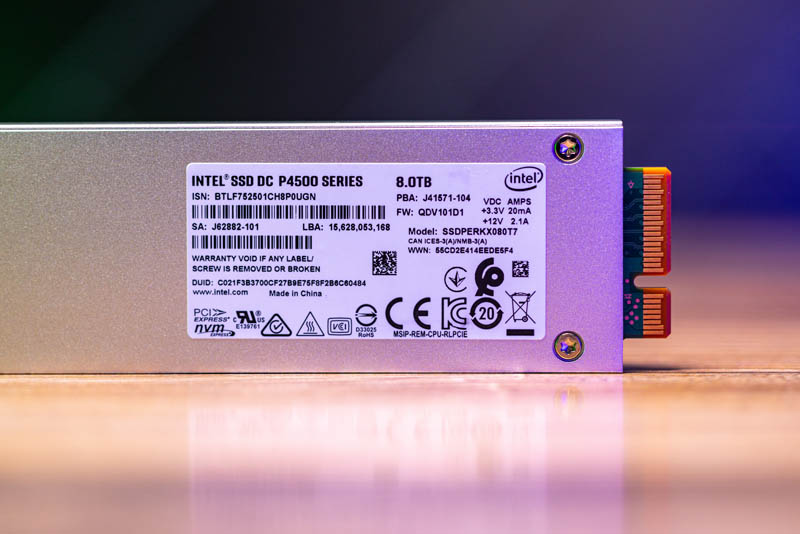 Intel DC P4500 8TB Cliffdale Ruler SSD Label With Regulatory Markings And Ruler Connector