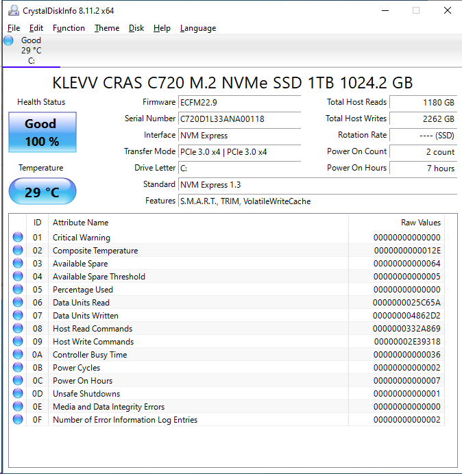 KLEVV C720 1TB CrystalDiskInfo