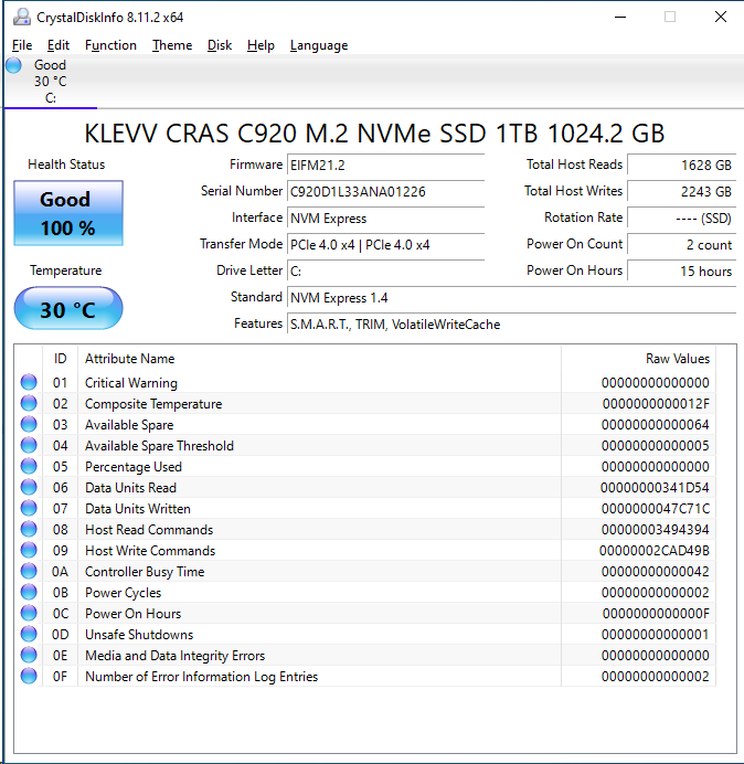 KLEVV C920 1TB CrystalDiskInfo
