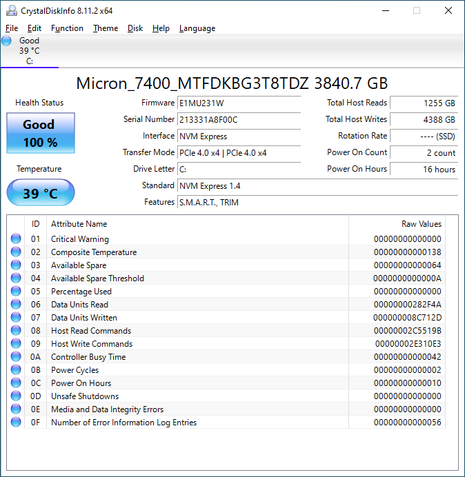 Micron 7400 Pro 3.84TB CrystalDiskInfo