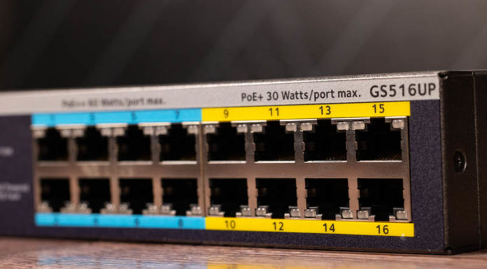 Netgear GS516UP Review 16-port 380W PoE+ and PoE++ Unmanaged Switch Netgear GS516UP PoE Switch Port Angle View