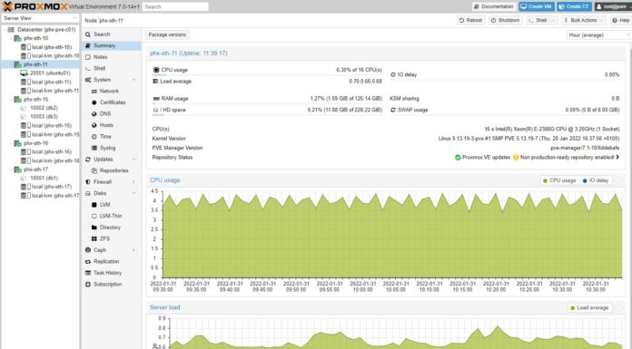 Building a 5-node Proxmox VE Cluster in 20 Minutes for a Dollar PhoenixNAP BMC Proxmox VE Cluster S2.c2.medium Dashboard With VM Running