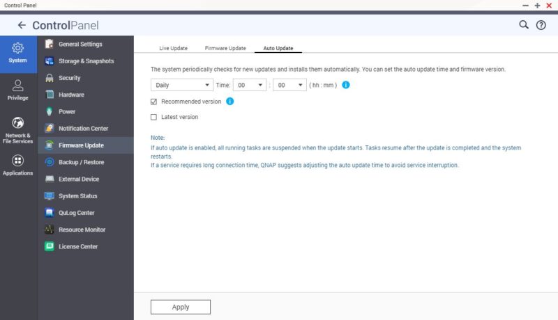 QNAP NAS Auto Update Firmware Setting