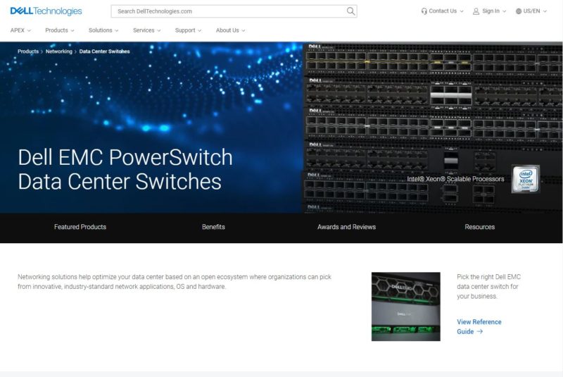 Dell EMC PowerSwitch Page Saying Intel Xeon Platinum Inside