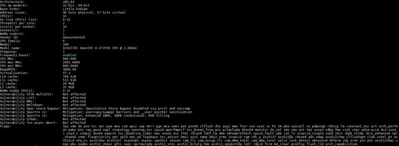 Intel Xeon D 2775TE Lscpu Output