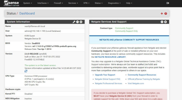 pfSense CE 2.6.0 Released Along with pfSense Plus 22.01 PfSense CE 2.6.0 Dashboard