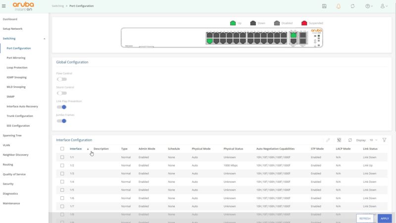 HPE Aruba Instant ON 1960 24G Web UI Setting Jumbo Frames