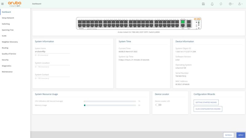 HPE Aruba Instant ON 1960 48G Dashboard