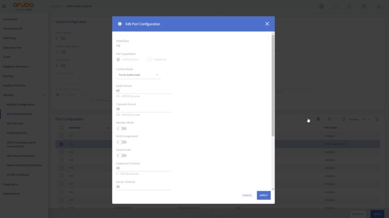 HPE Aruba Instant ON 1960 Web UI Port Access Control