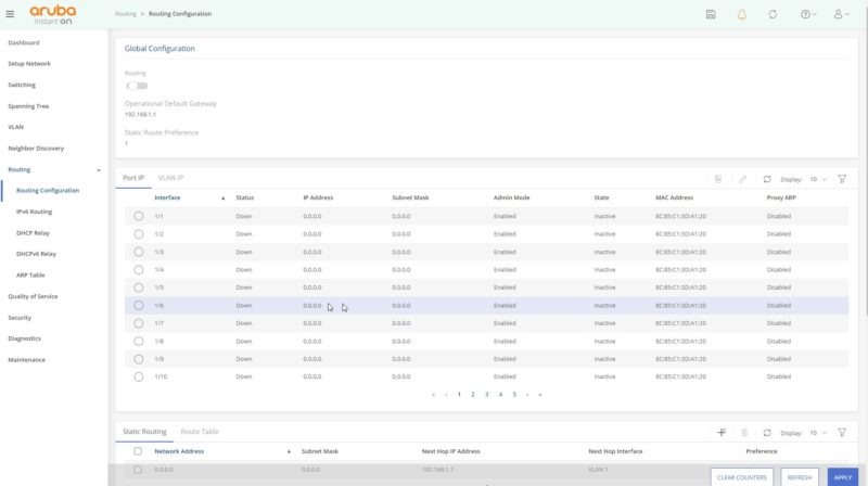 HPE Aruba Instant ON 1960 Web UI Routing Configuration