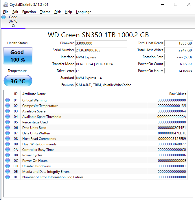 WD Green SN350 1TB CrystalDiskInfo