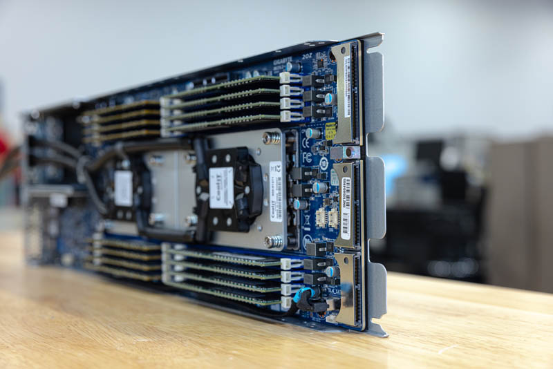Gigabyte H262 ZL0 With PCLs And Memory Installed Angle Connector View