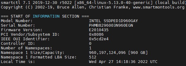 Intel Optane 960GB Smartmontools