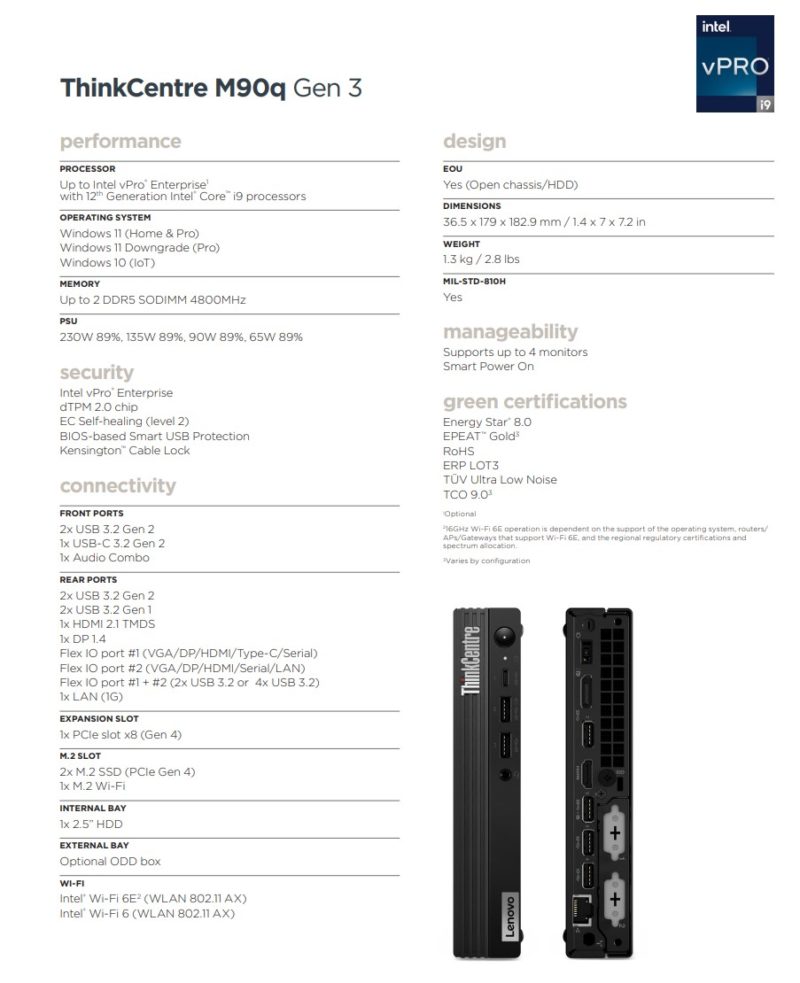 Lenovo M90q Tiny Gen 3 Specs