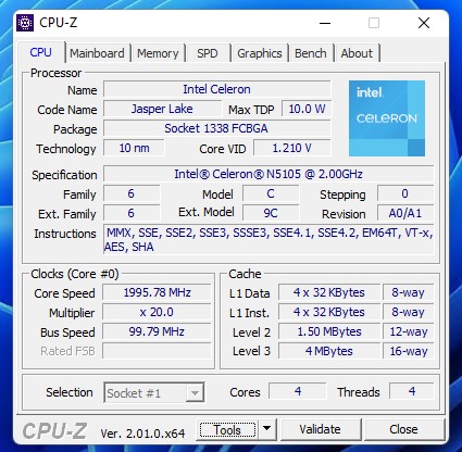 Intel Celeron N5105 Jasper Lake CPU Z