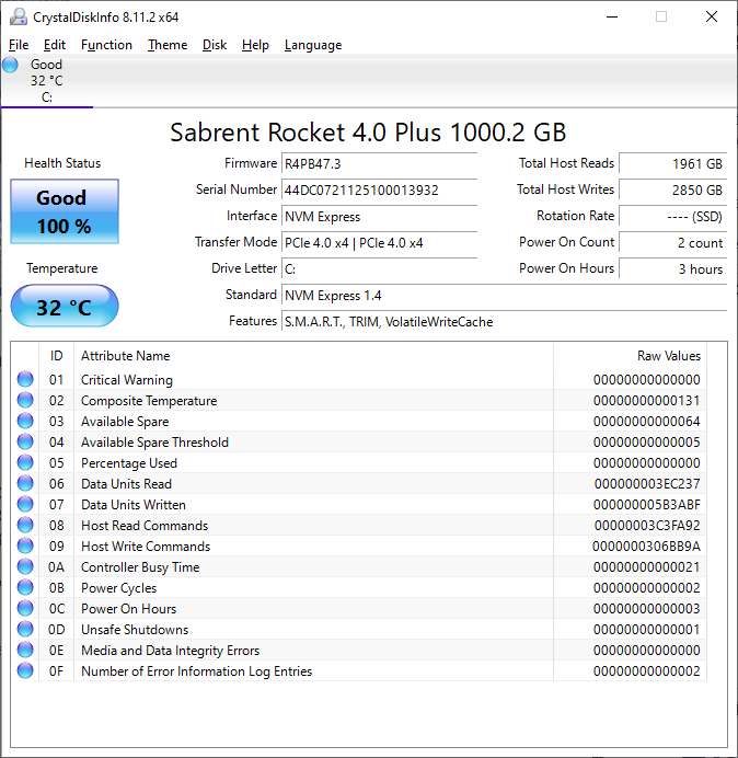Sabrent Rocket 4 Plus 1TB CrystalDiskInfo