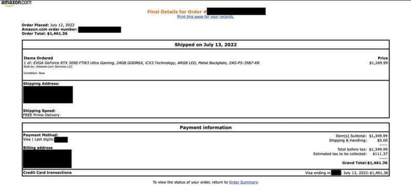 Amazon EVGA NVIDIA RTX 3090 Invoice Redacted Small