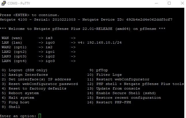 Netgate 4100 Serial Console Putty 115200 Rate Changed LAN IP