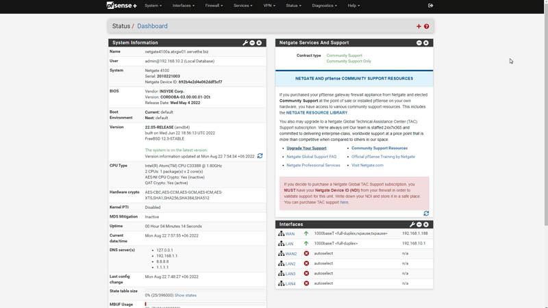 Netgate 4100 PfSense Plus Screenshots Dashboard