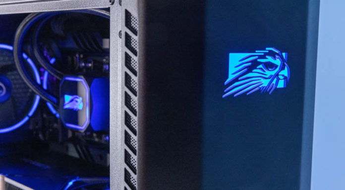 Falcon Northwest Talon AMD Ryzen 9 7950X Workstation Review Falcon Northwest Talon AMD Ryzen 7950X Logo Lit Side Angle