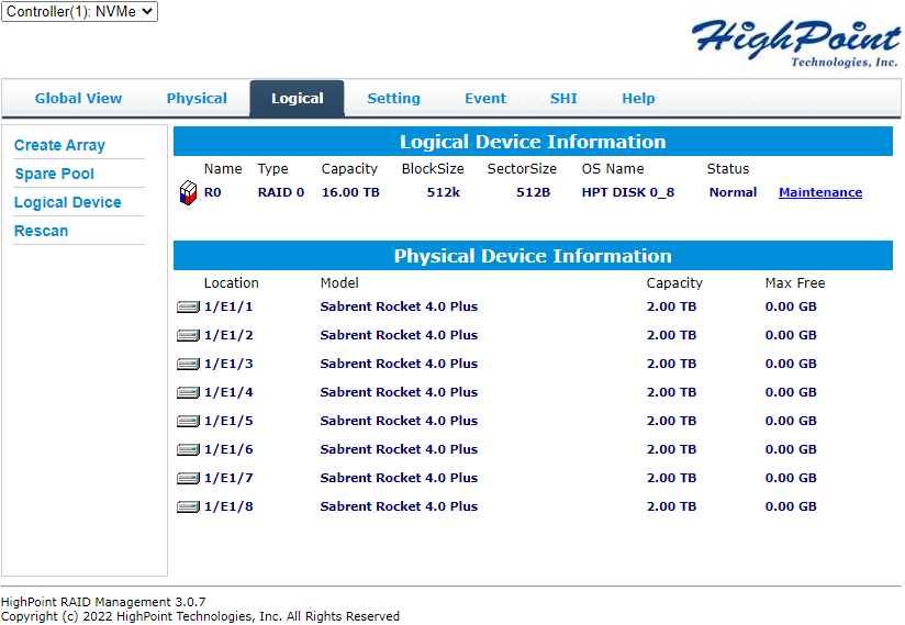 HighPoint SSD7540 Raid0 Array