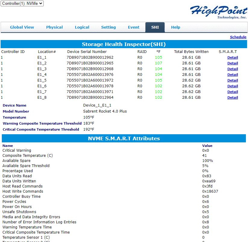 HighPoint SSD7540 SMART