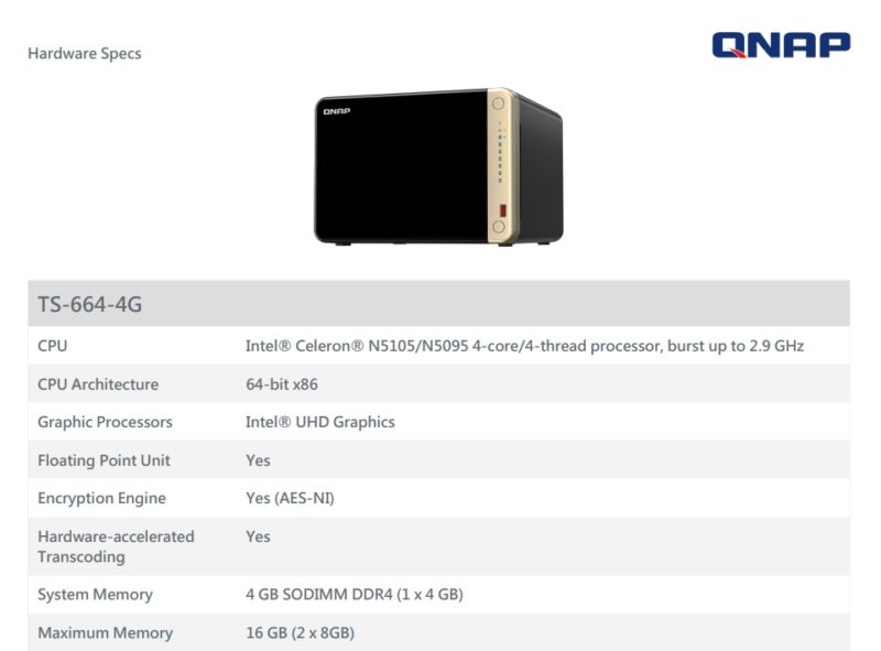 QNAP TS 664 4G Specs