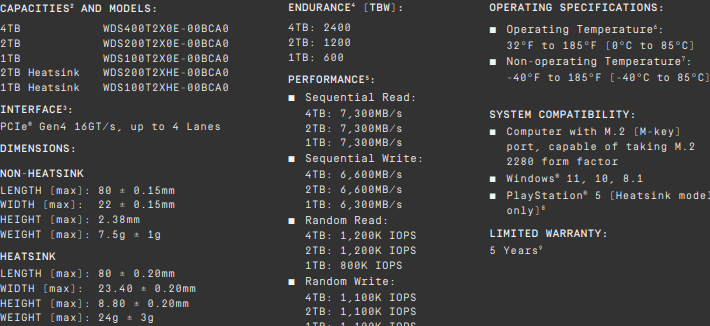 WD SN850X 1TB Specs