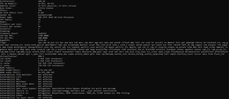 AMD EPYC 9654 2P Lscpu Output