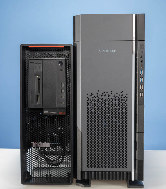 Lenovo ThinkStation P620 And Supermicro AS 5014A TT Side By Side Front Total View Vertical