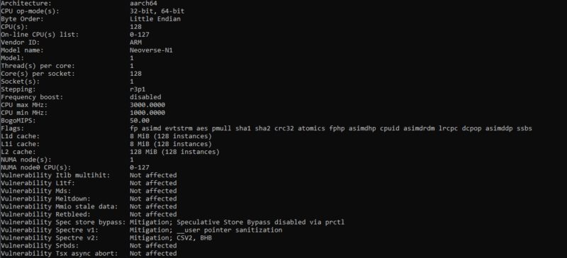 Supermicro Ampere Altra Max Arm Lscpu