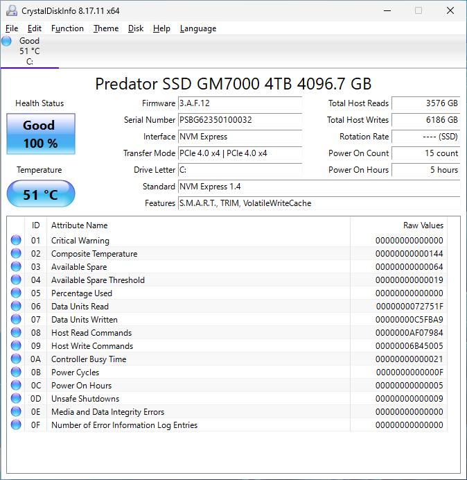 Predator GM7000 4TB CrystalDiskInfo