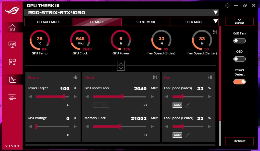 ASUS ROG Strix 4090 OC Control Panel OC Mode