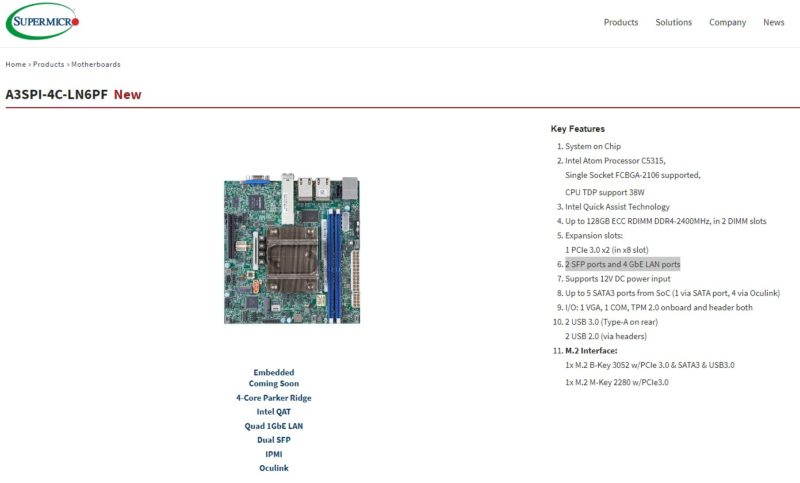 Supermicro A3SPI 4C LN6PF Spec Page SFP