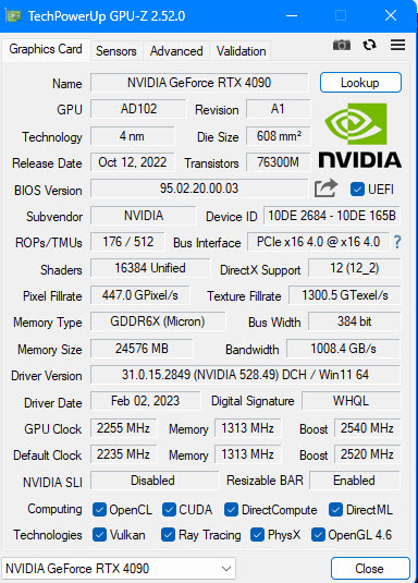 NVIDIA Geforce 4090 FE GPUz
