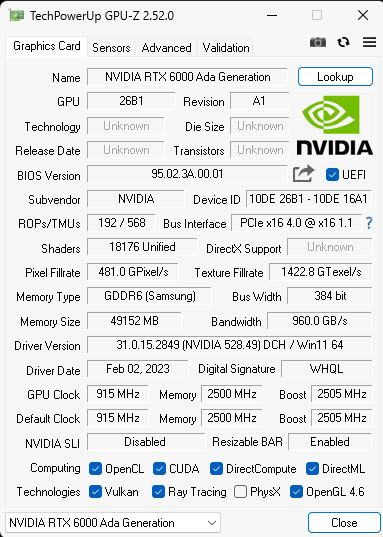 NVIDIA RTX 6000 Ada GPUz