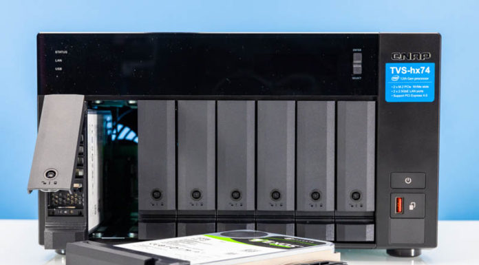 QNAP TVS-h874 Review A Snappy ZFS NAS with 2.5GbE QNAP TVS H874 Front Drive Out 2