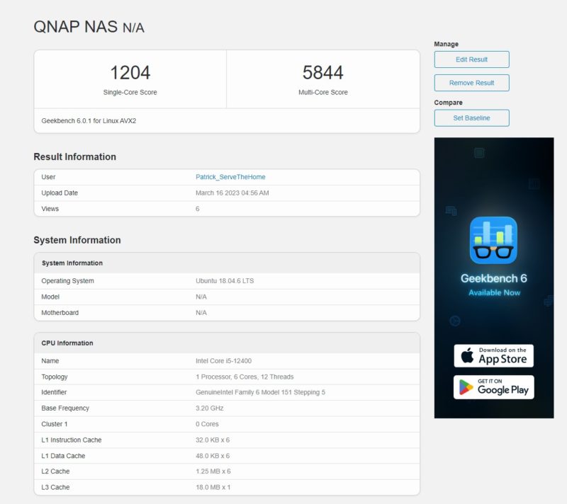 QNAP TVS H874 Geekbench 6