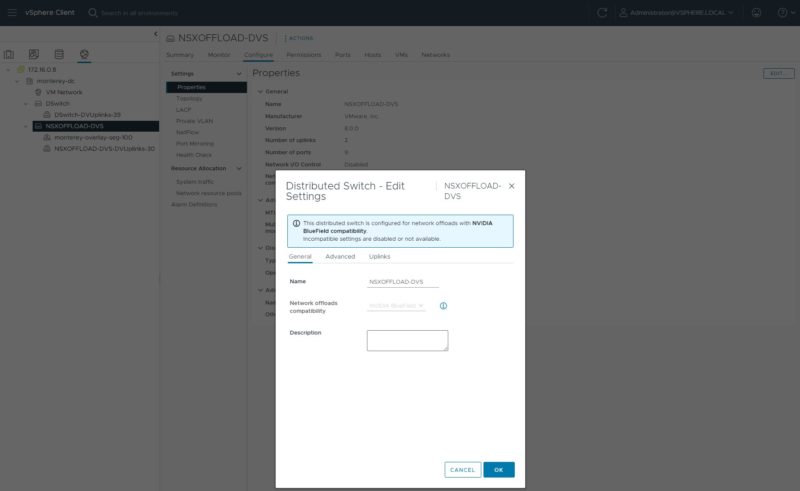 VMware VSphere Client DSwitch With NVIDIA BlueField DPU Capability Configured